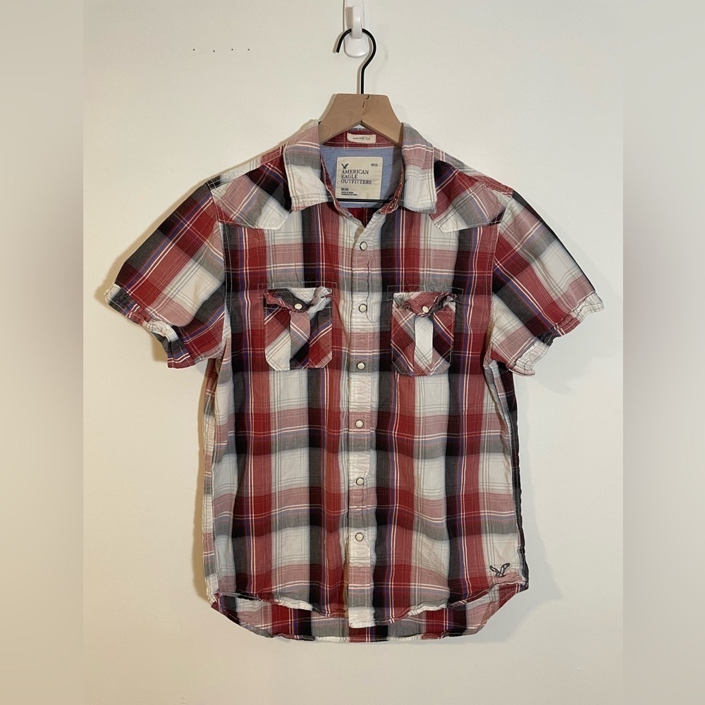 American Eagle Vintage Fit Short Sleeve Shirt Sz Medium Plaid Western Pearl Snap